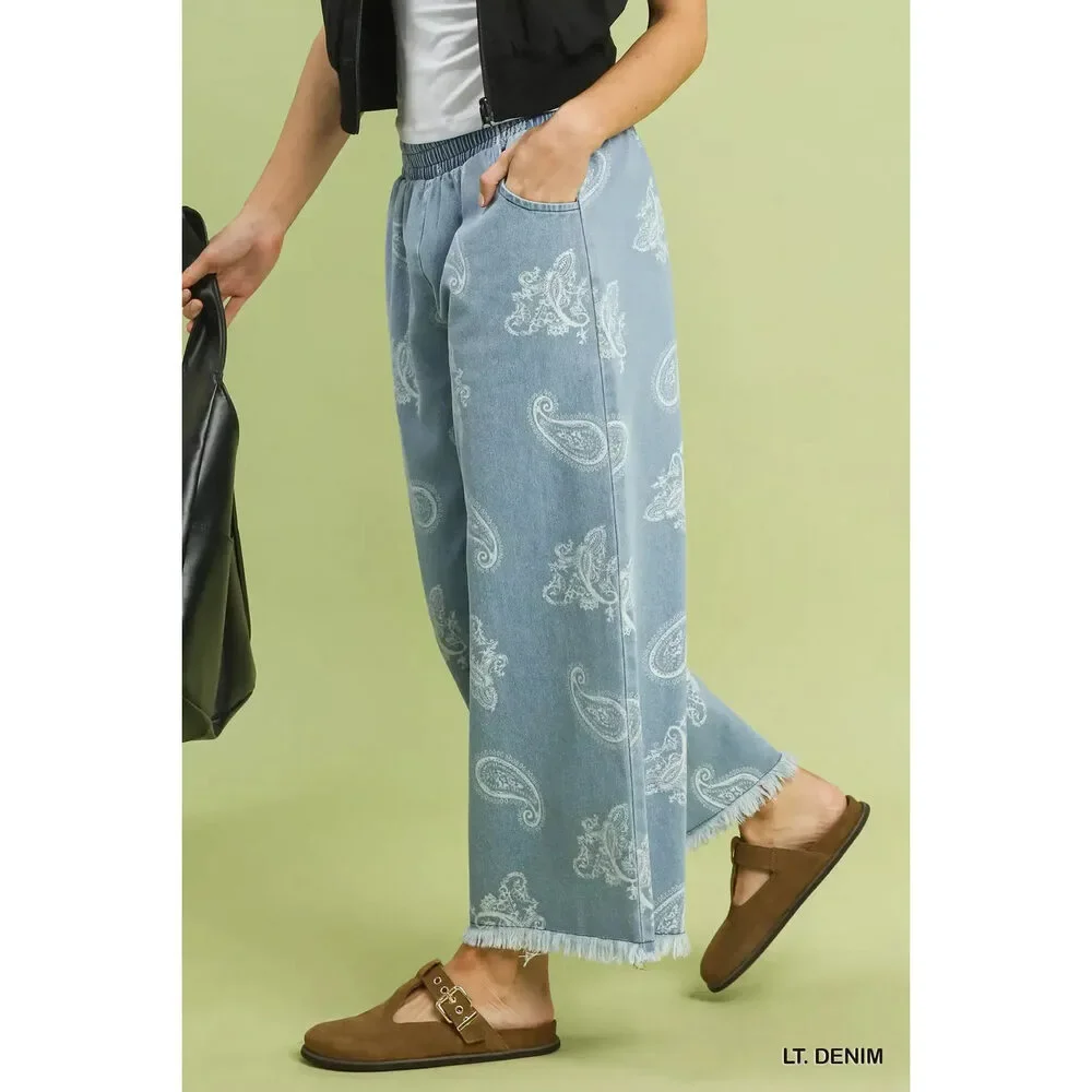 Umgee Denim Paisley Wide-Leg Pants - Picture 2 of 5